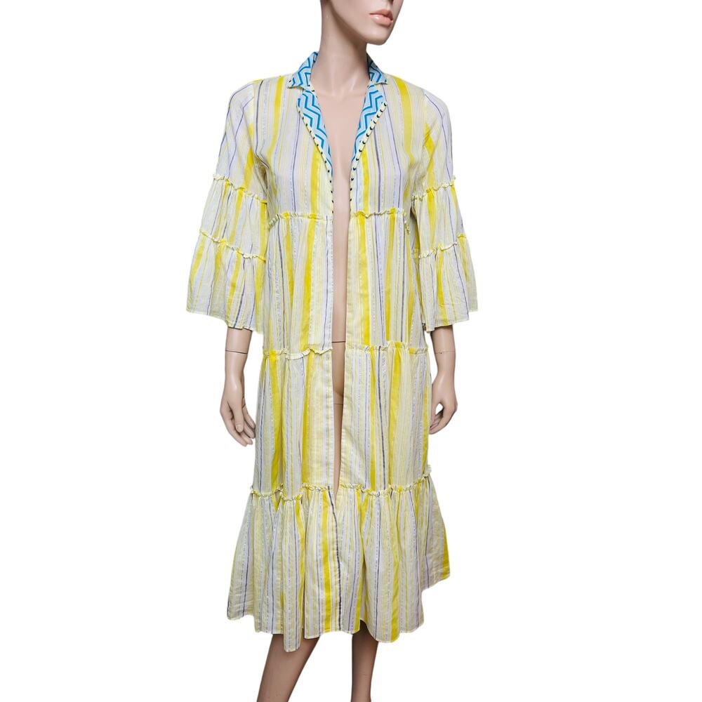 W for Women Yellow & Blue Printed Nilaya Suit Coat Sz 10 V Neckline 100% Cotton